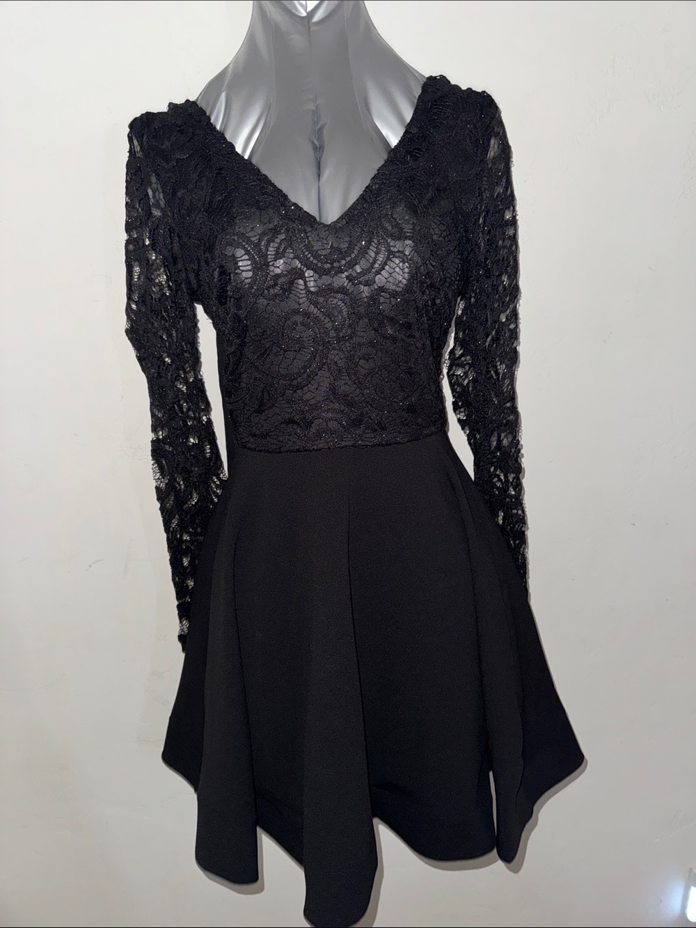 B Darlin Black Lace V-Neck Long Sleeve Skater Dress